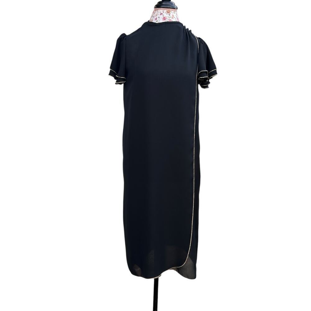 Vintage 60's 70's Black Chiffon Metallic Gold Trim Shift Mini Dress sz 8 Medium